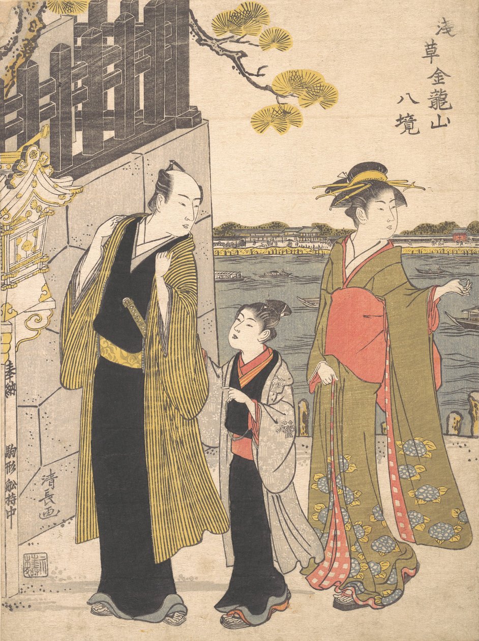 En man med en pojke och en geisha på besök i Kinryusan-templet, ca. 1787. av Torii Kiyonaga