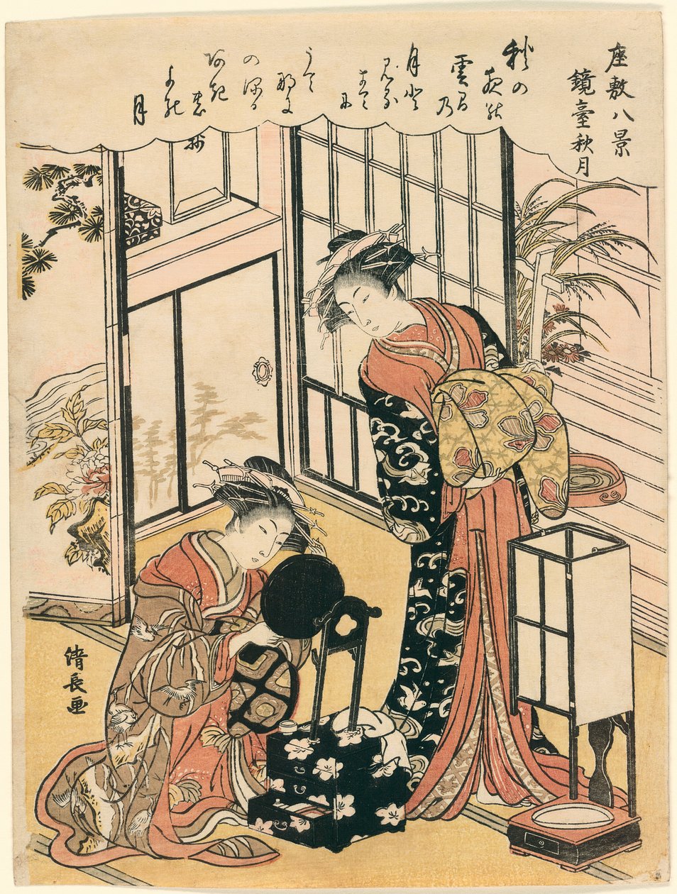 En spegel på ett stativ som föreslår höstmånen (Kyodai no shugetsu), från serien "Eight Scenes of the Parlour (Zashiki hakkei)" av Torii Kiyonaga