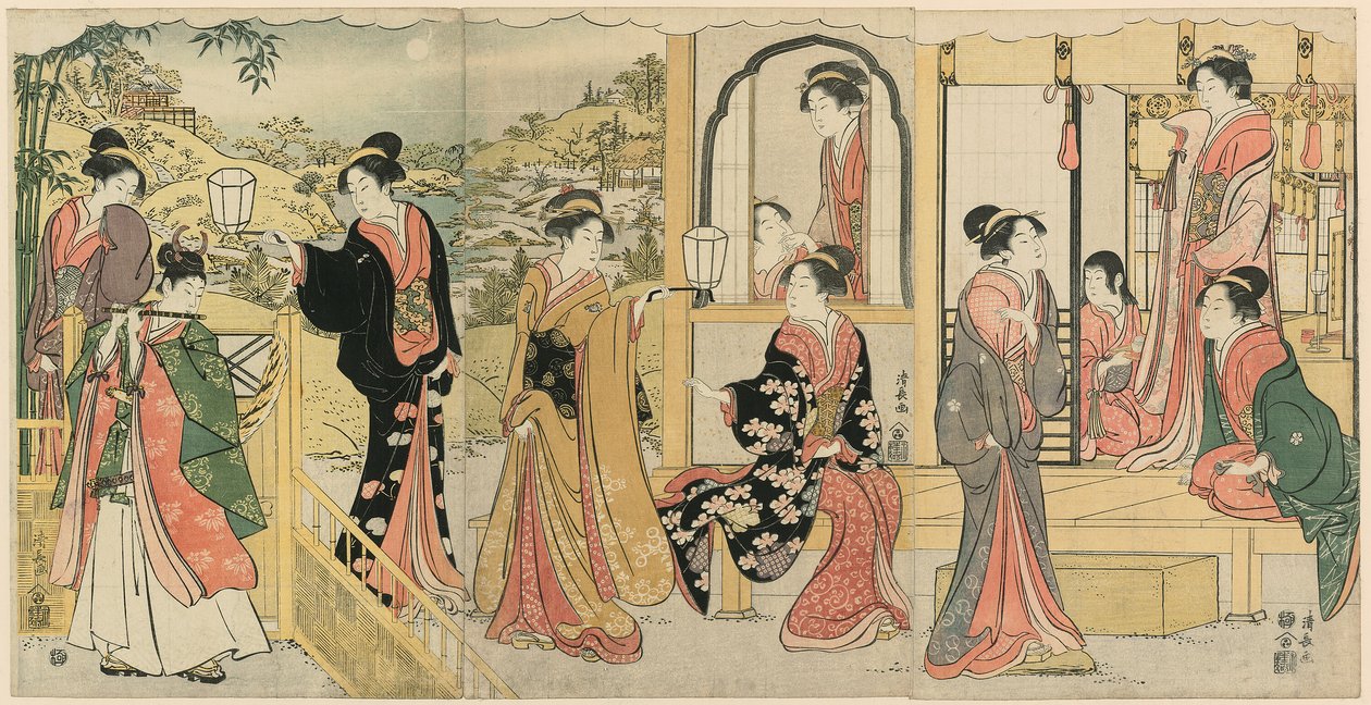 En modern version av Ushiwakamaru Serenading Princess Joruri av Torii Kiyonaga