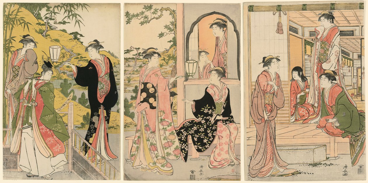 En modern version av Ushiwakamaru Serenading Princess Joruri av Torii Kiyonaga