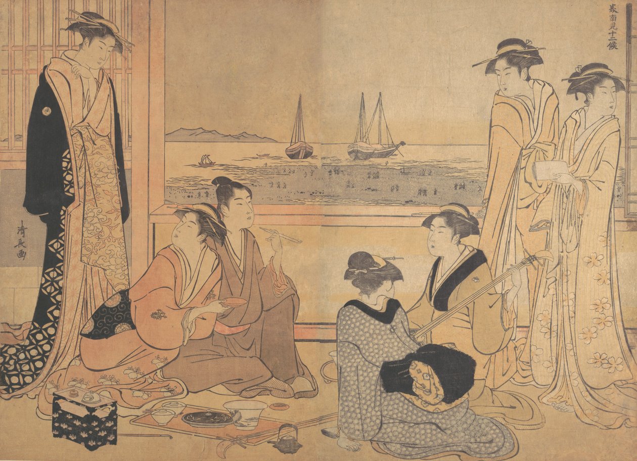 En fest av glada människor i ett tehus i Shinagawa, ca. 1783. av Torii Kiyonaga