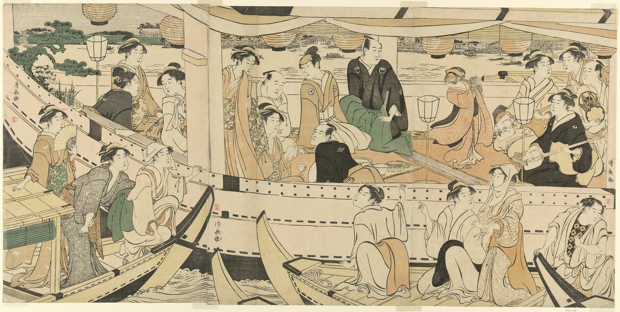 En båtfest för skådespelare på Sumida-floden av Torii Kiyonaga