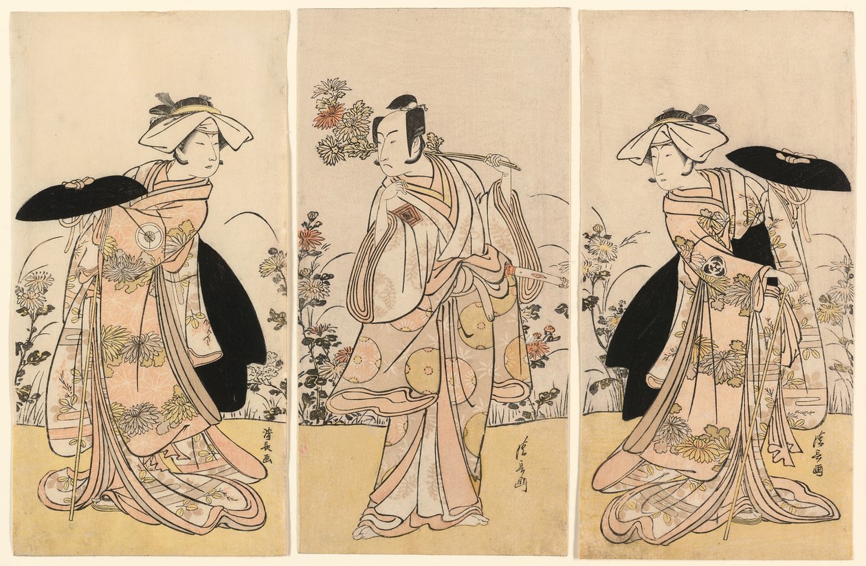 Bando Mitsugoro II som Tennen no Mansaku-kitsune och Ichikawa Monnosuke III som Nikaido Shinanonosuke och Iwai Hanshiro IV som Okura no Kojoro-kitsune i scenen från dramat Moto Mishi Yuki Sakae Hachi-no-ki (Nidaime Bando Mitsugoro no Tennen no mansaku- av Torii Kiyonaga