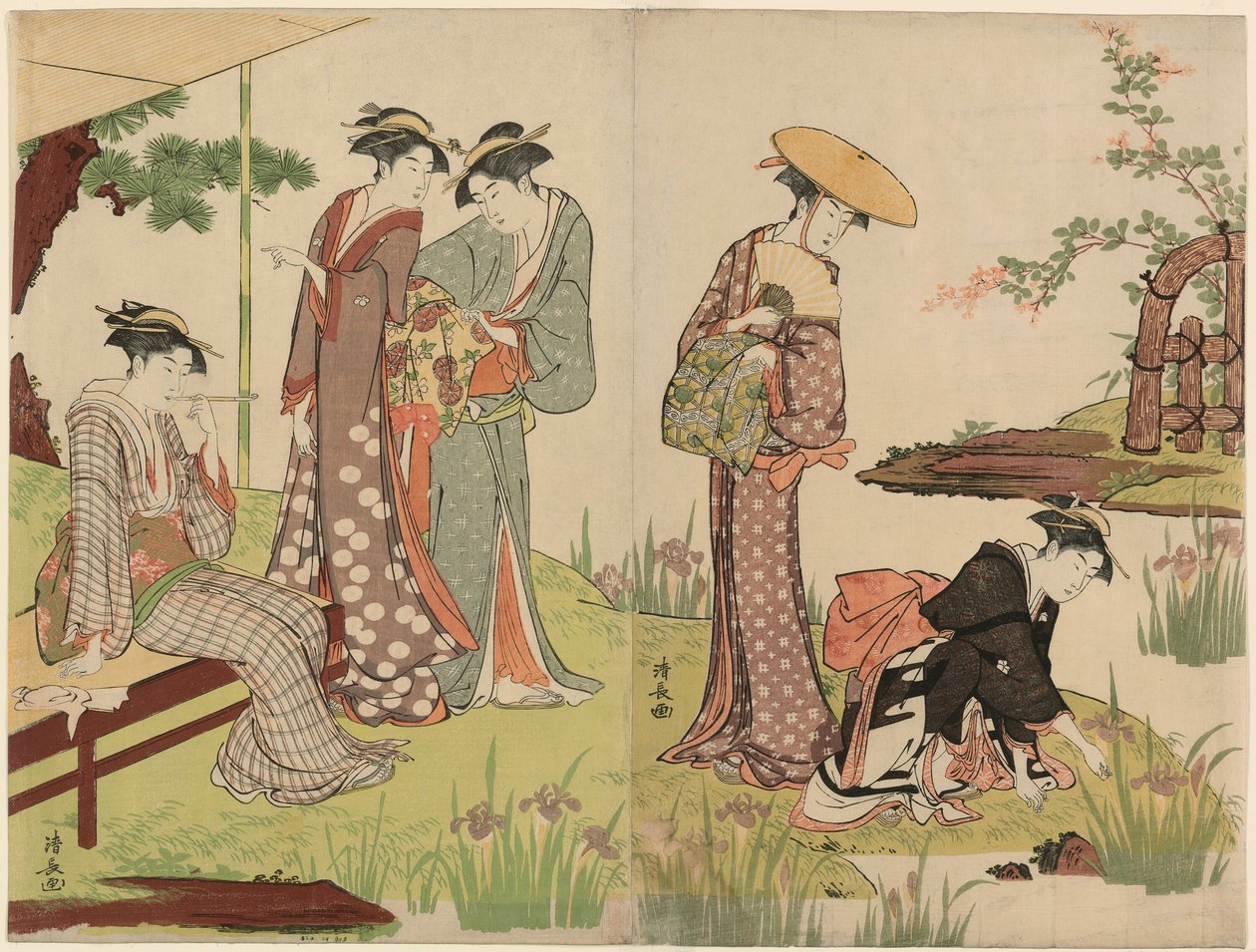 Vid en Iris Pond av Torii Kiyonaga