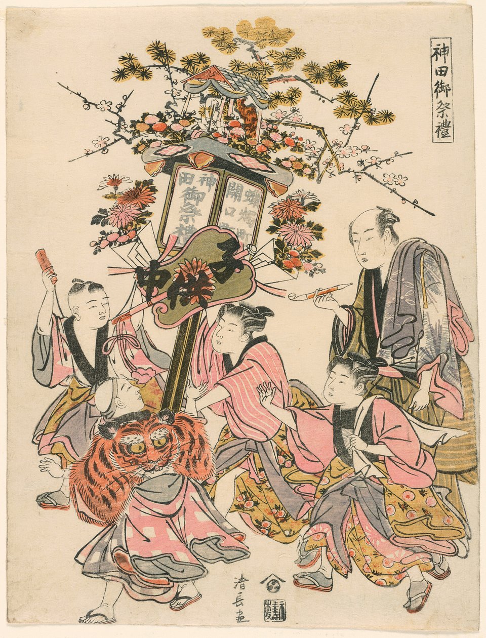 Bär en lykta dekorerad med en paviljong, Gohei, blommor och fläkt (Sekiguchi-cho Rosoku-cho no banto), från serien "Kanda-helgedomens festival (Kanda go-sairei)" av Torii Kiyonaga