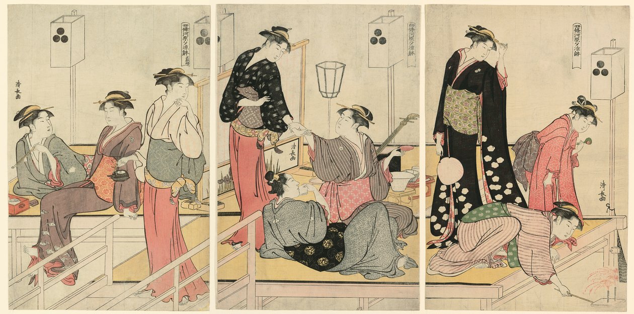 Svalkar av på kvällen i Shijogawara av Torii Kiyonaga