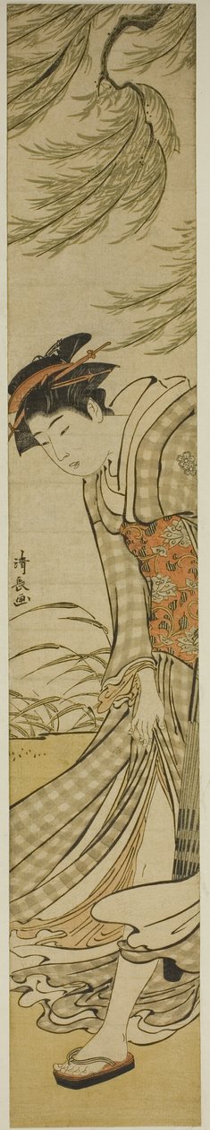 Courtesan som går under ett pilträd på en blåsig dag av Torii Kiyonaga
