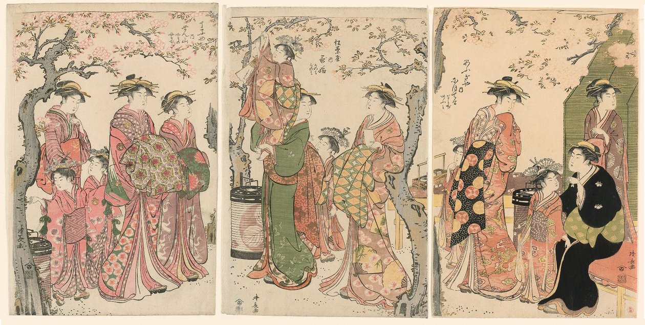 Kurtisaner och deras barnskötare under blommande körsbärsträd av Torii Kiyonaga