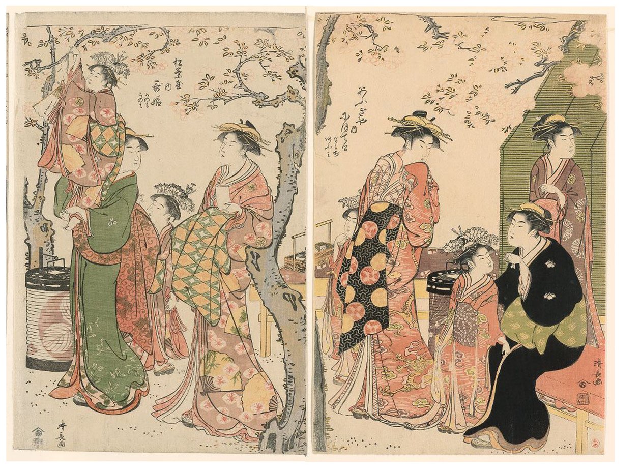 Kurtisaner och deras barnskötare under blommande körsbärsträd av Torii Kiyonaga