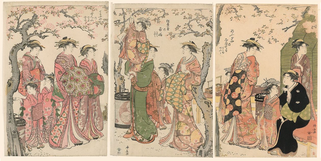Kurtisaner och deras barnskötare under blommande körsbärsträd av Torii Kiyonaga