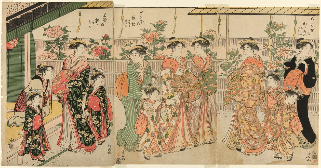 Kurtisaner från Yoshiwara och deras skötare tittar på pionerna på Nakanocho av Torii Kiyonaga