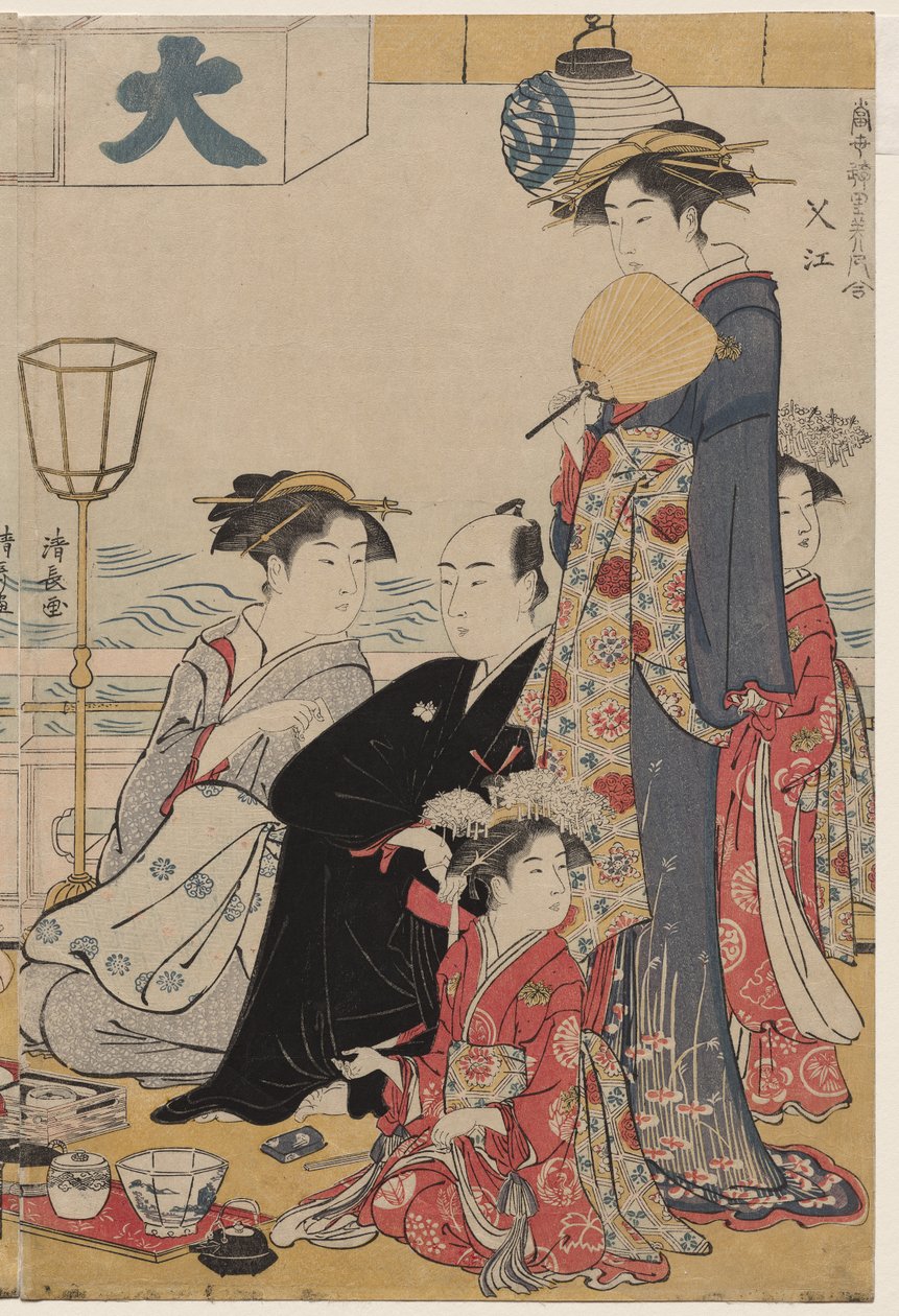 Underhållning på en balkong vid vattnet i Nakasu, från serien, A Collection of Beautiful Modern Women of the Pleasure Quarters av Torii Kiyonaga