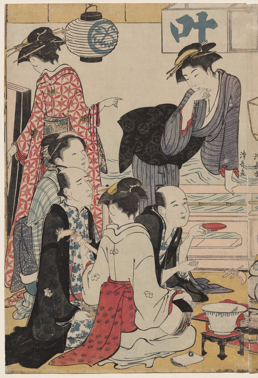 Underhållning på en balkong vid vattnet i Nakasu, från serien, A Collection of Beautiful Modern Women of the Pleasure Quarters av Torii Kiyonaga