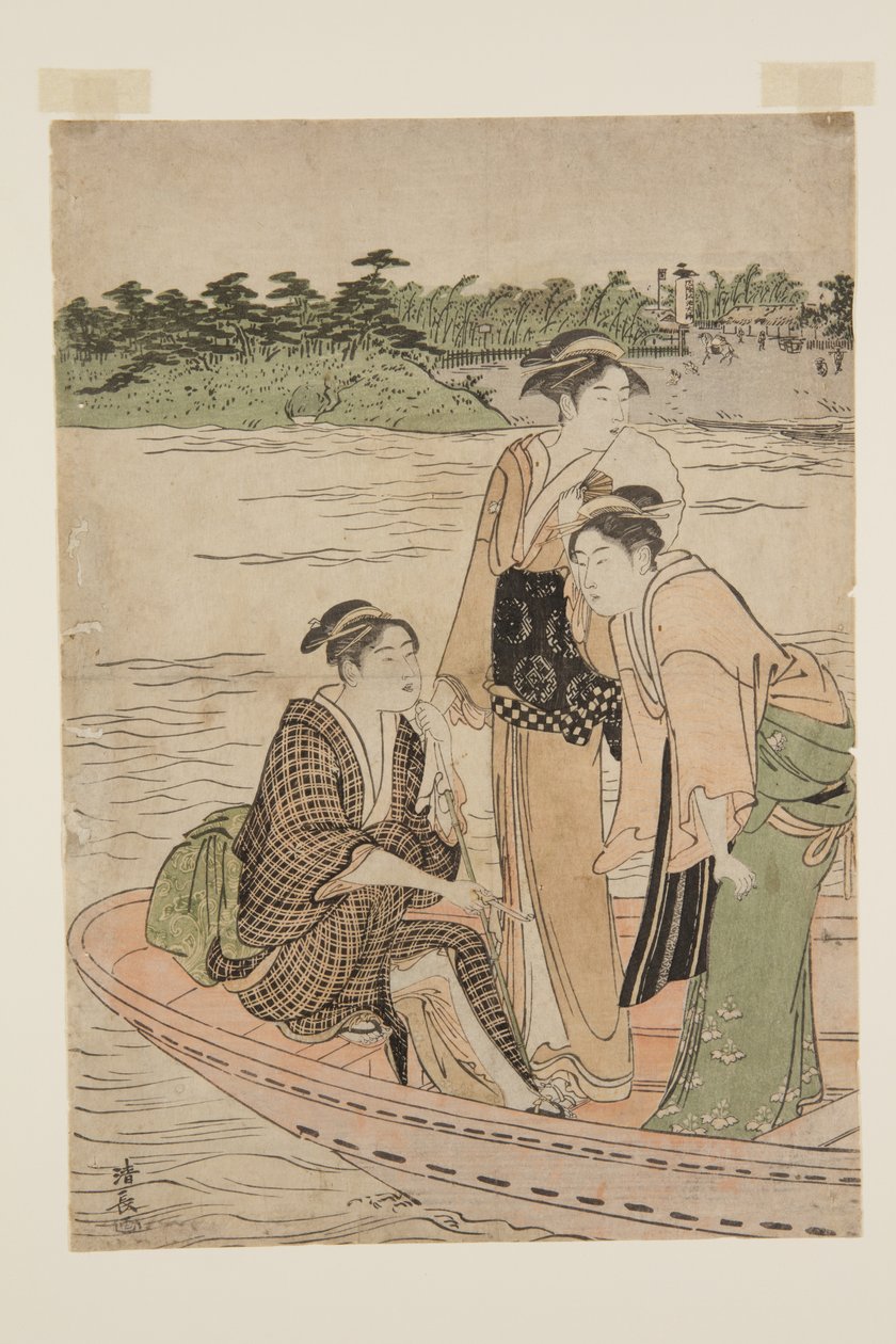 Färja vid Rokug? River (träblock i färg) av Torii Kiyonaga