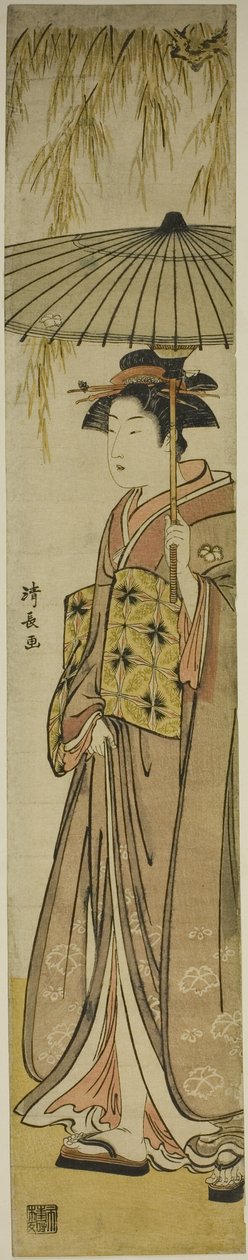 Geisha som bär ett parasoll under ett pilträd av Torii Kiyonaga