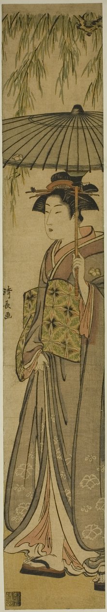 Geisha som bär ett parasoll under ett pilträd av Torii Kiyonaga