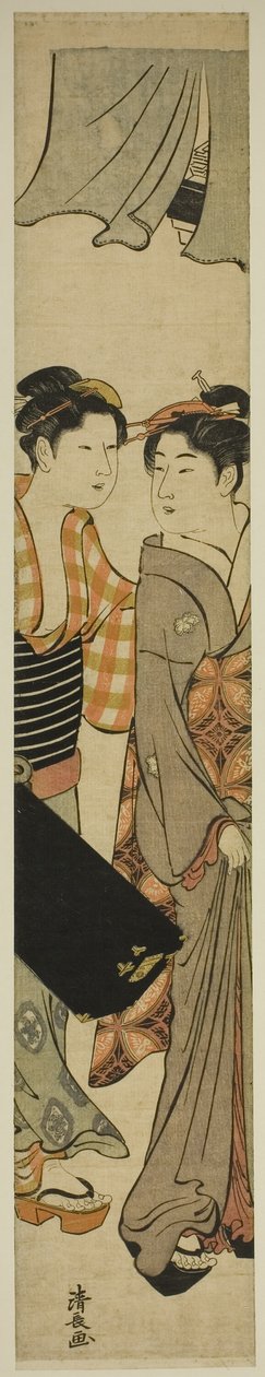 Geisha och hennes hembiträde som bär en Shamisen-låda av Torii Kiyonaga