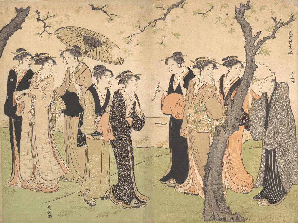 Grupp av sex geishor under körsbärsträden på Gotenyama, ca. 1785. av Torii Kiyonaga