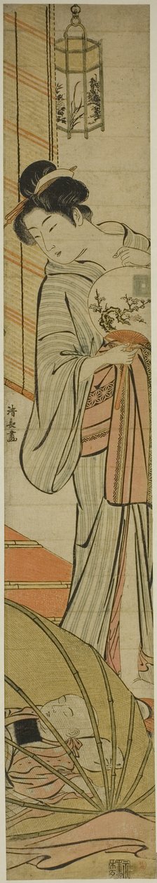 Mamma tittar på sin son som sover under ett myggnät av Torii Kiyonaga
