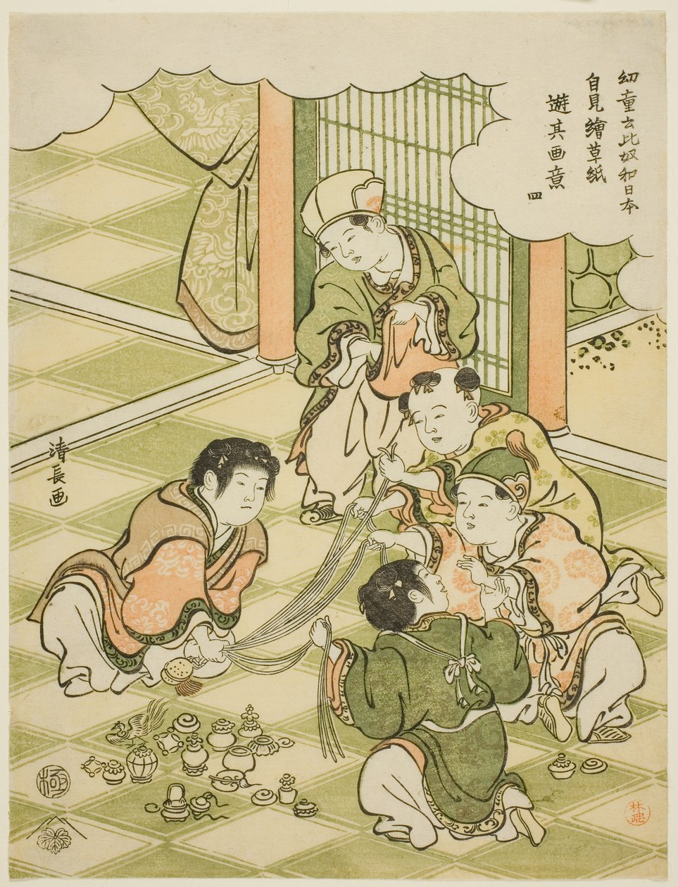 Nr 4: Kinesiska pojkar som spelar ett tombolaspel, från serien "Barn säger "Det här är Japan!" och imiterar spelen de ser i bilderböcker (Yodo iu koitsu wa Nippon, ezoshi o mite yori sono gai ni asobu)" av Torii Kiyonaga