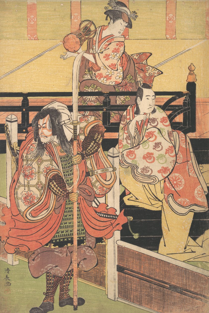 På en balkong sitter en kvinna och spelar en Tsuzumi, nedanför en man i Daimyo-dräkt är Sea..., ca. 1790. av Torii Kiyonaga