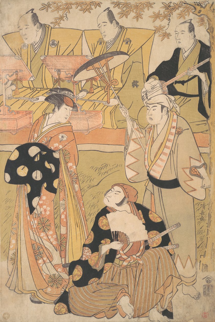 Onoe Matsusuke I som en Oiran står till vänster och pratar med Nakamura Nakazo I som en Sam..., ca. 1788. av Torii Kiyonaga