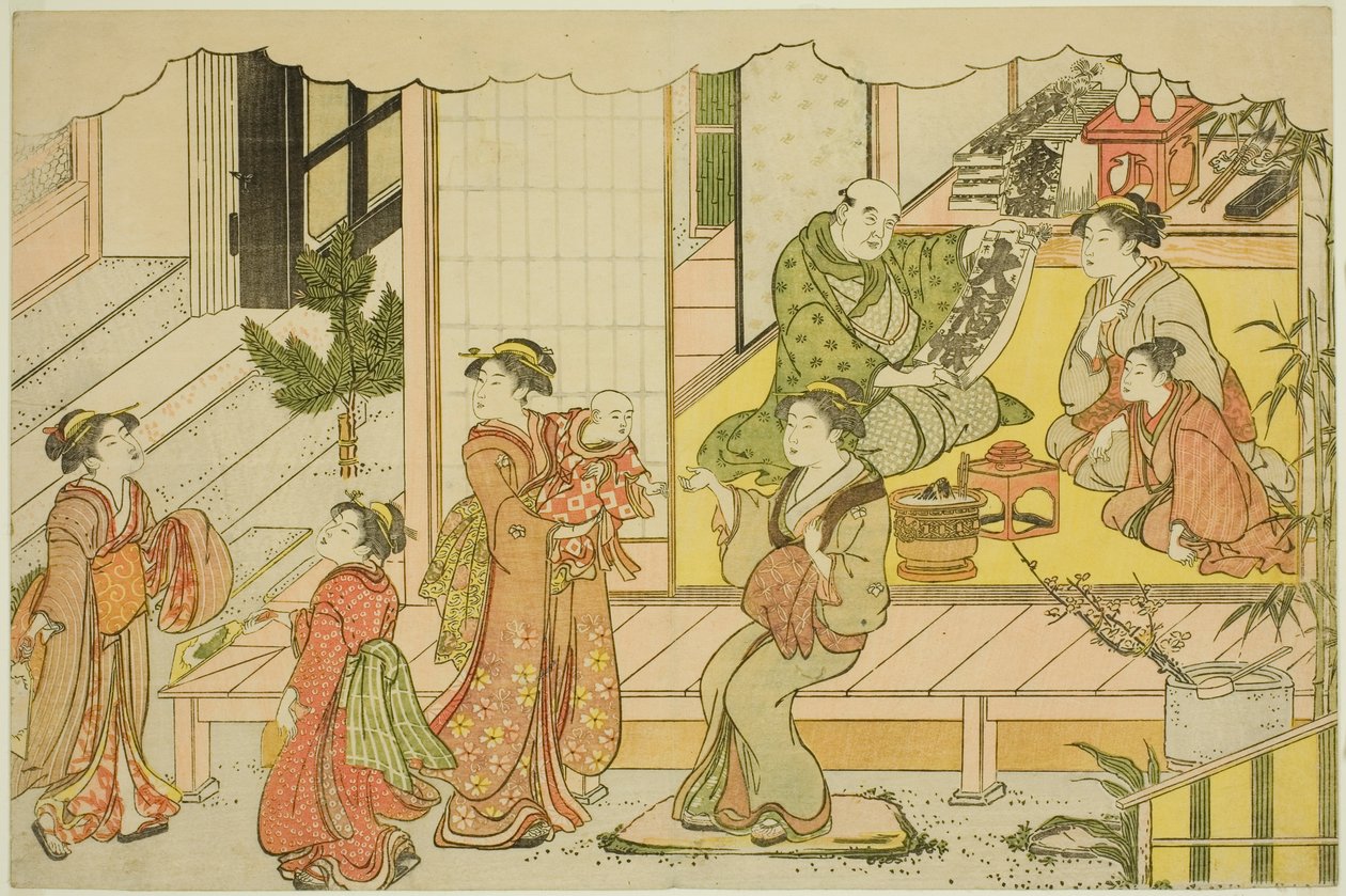 Öppna förrådshuset (Kurabiraki), från den illustrerade boken "Colors of the Triple Dawn (Saishiki mitsu no asa)" av Torii Kiyonaga