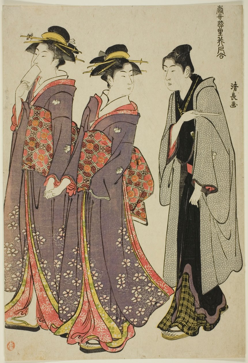 Ut på en promenad, från serien "A Collection of Contemporary Beauties of the Pleasure Quarters (Tosei yuri bijin awase)" av Torii Kiyonaga