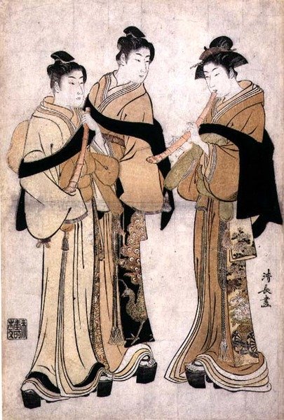 Playing the Shakuhachi, c.1782 (träblockstryck med blindprägling) av Torii Kiyonaga