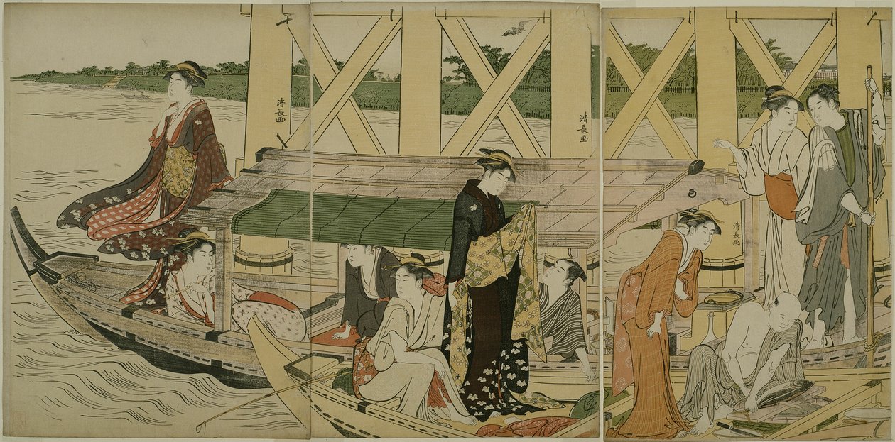 Fritidsbåtar nedanför Azuma Bridge av Torii Kiyonaga