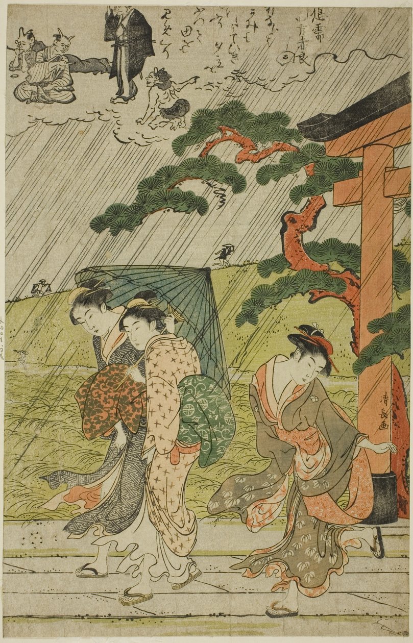 Plötslig dusch vid Mimeguri Shrine av Torii Kiyonaga