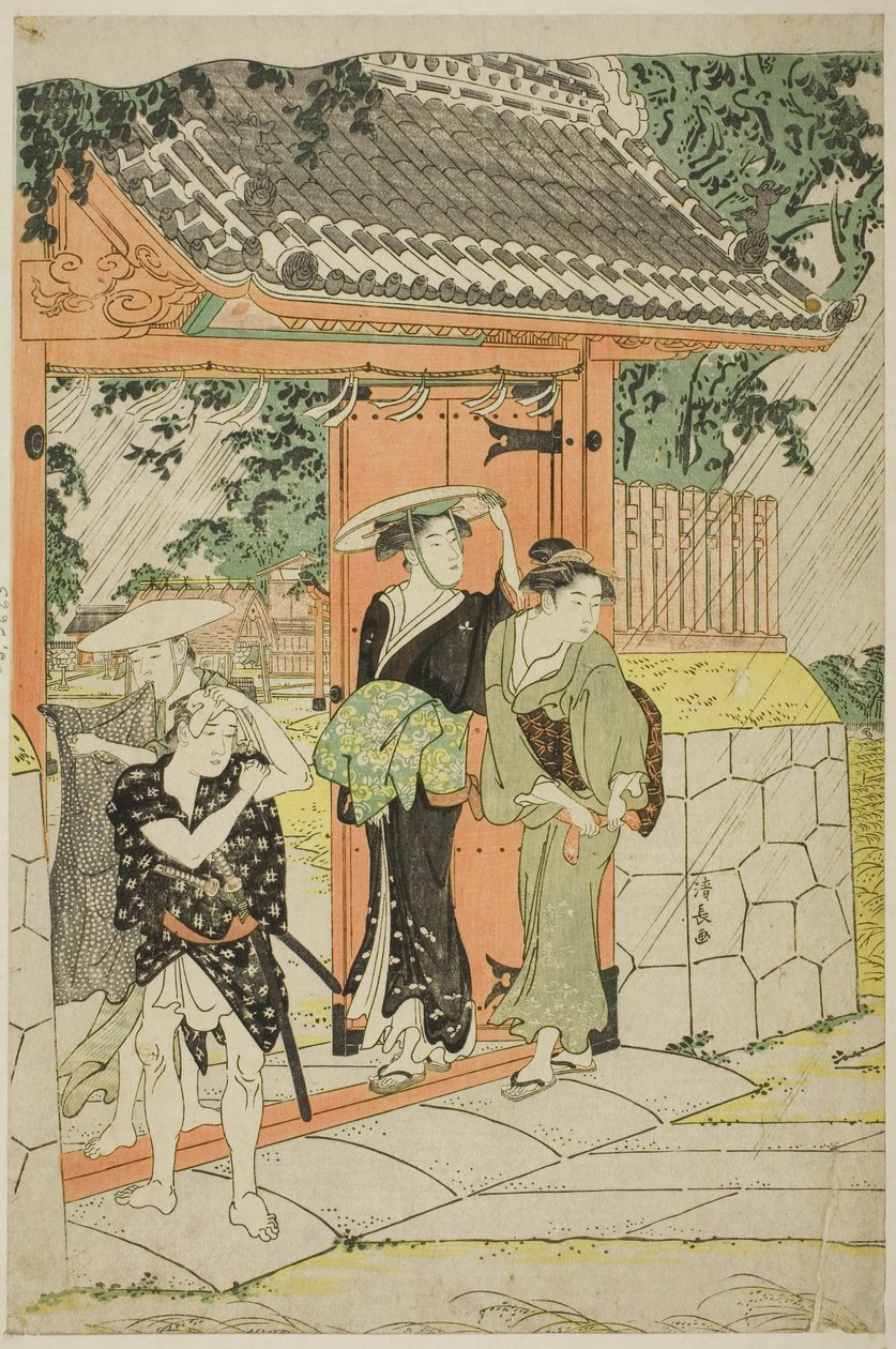 Plötslig dusch vid Mimeguri Shrine av Torii Kiyonaga