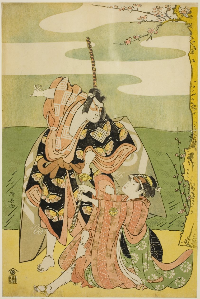 Skådespelaren Ichikawa Monnosuke II som Soga no Goro och Segawa Kikunojo III som Tsukisayo, i pjäsen "Nanakusa Yosooi Soga", uppfördes på Nakamura Theatre den första månaden, 1782 av Torii Kiyonaga