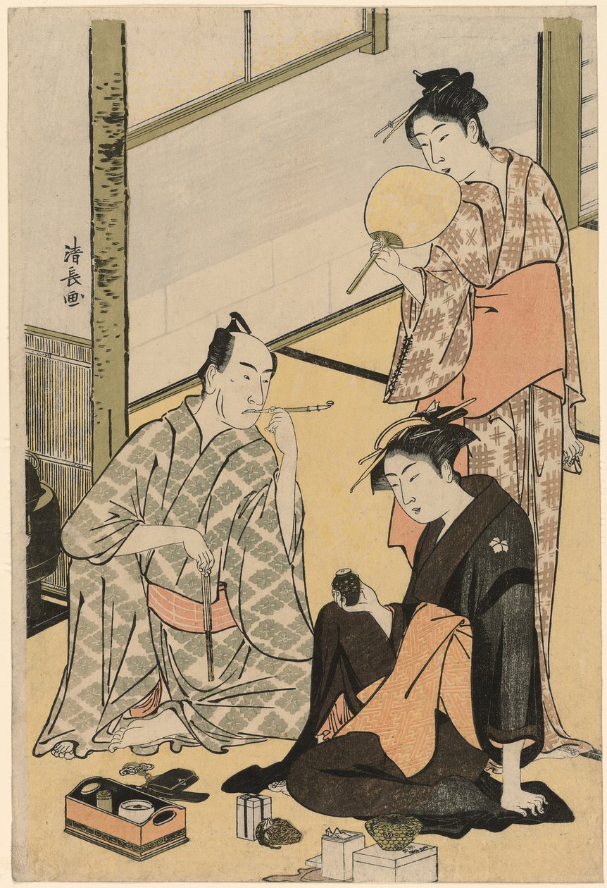 Skådespelaren Matsumoto Koshiro IV med sin familj, från en titellös serie med fyra tryck som visar skådespelare i privatlivet av Torii Kiyonaga