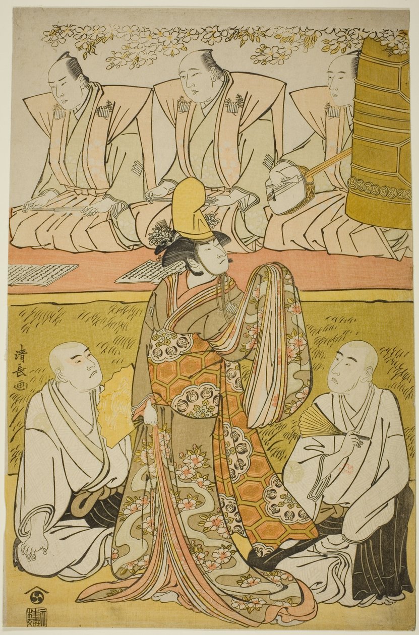 Skådespelaren Nakamura Nakazo I som Shirabyoshi Katsuragi, Matsumoto Koshiro IV som munken Meigetsubo och Otani Hiroji III som munken Izayoibo, i pjäsen "Edoganoko Musume Dojoji", uppförd på Ichimura Theatre i den åttonde månaden, 1783 av Torii Kiyonaga