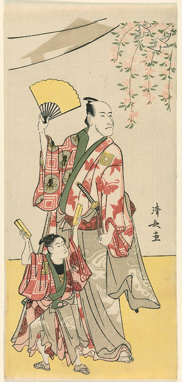 Skådespelarna Ichikawa Danjuro V och Ichikawa Ebizo IV, från en pentatyk med elva skådespelare som firar festivalen för brödernas helgedom av Torii Kiyonaga