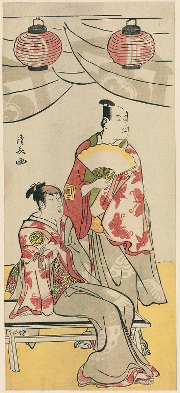 Skådespelarna Ichikawa Monnosuke II och Segawa Kikunojo III, från en pentatyk med elva skådespelare som firar festivalen för brödernas helgedom av Torii Kiyonaga