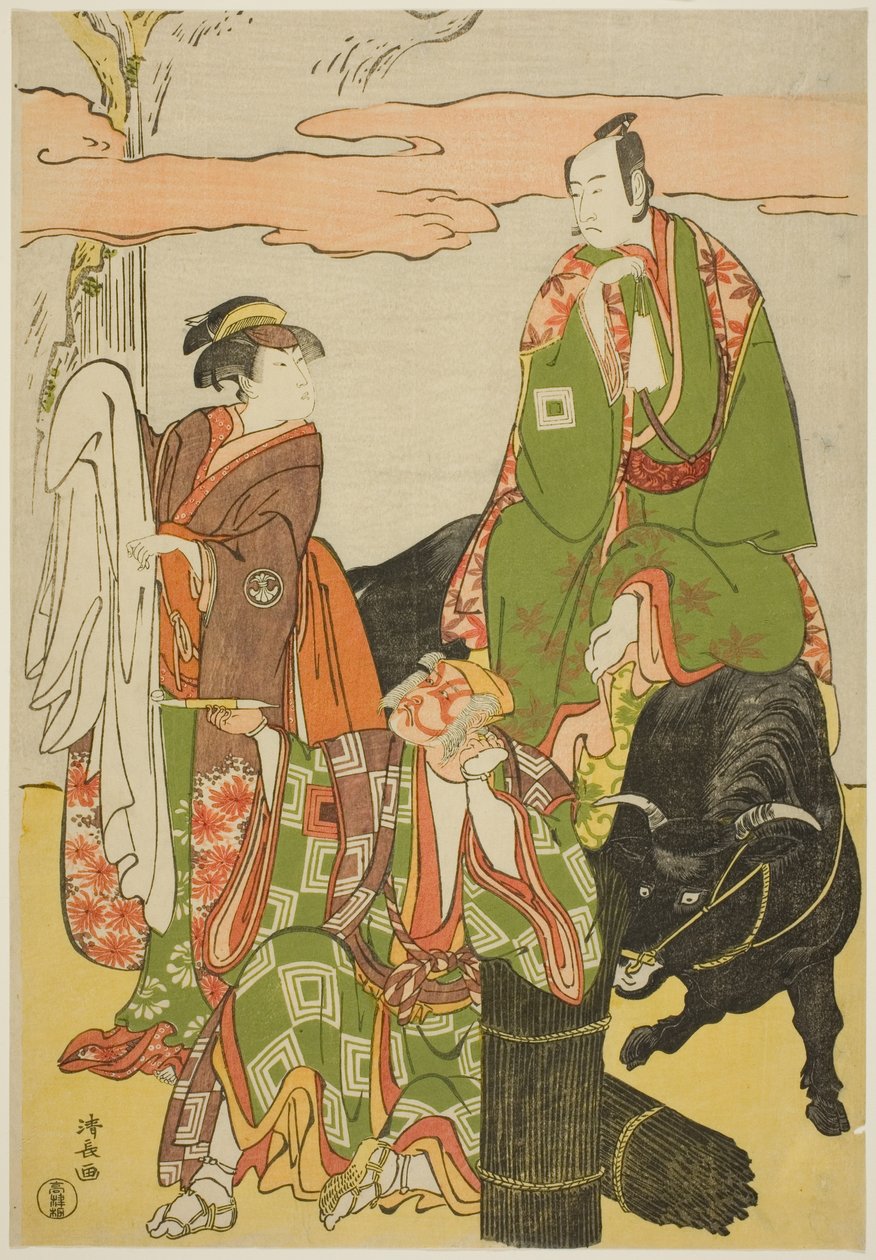 Skådespelarna Ichikawa Monnosuke II som Miyukinosuke, Segawa Kikunojo III som Hatsune-hime och Ichikawa Danjuro V som Ninnaji no Saibei, i joruri "Shitenno Oe no Yamairi", som uppträdde på Kiri Theatre i den elfte månaden, 1785 av Torii Kiyonaga