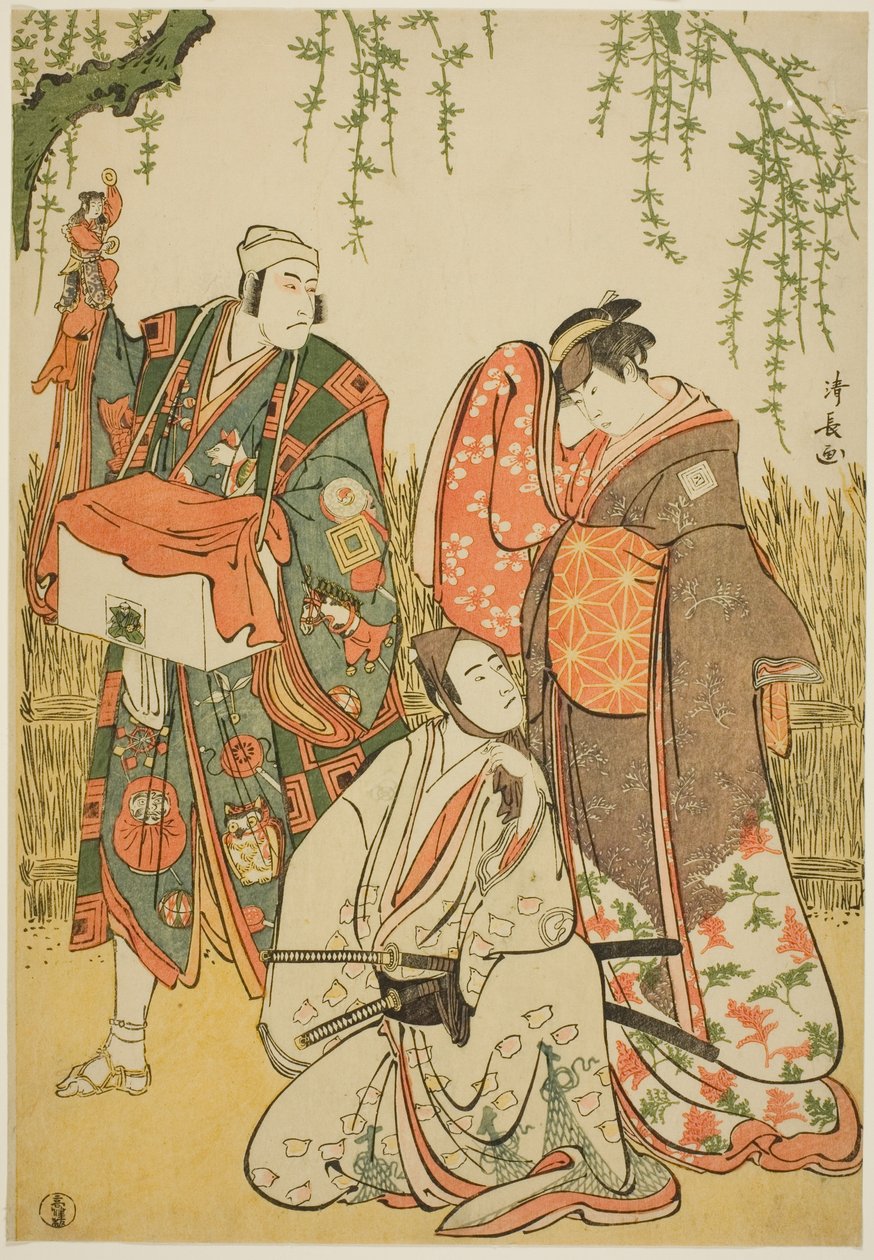 Skådespelarna Ichikawa Yaozo III som Shiragiku, Ichikawa Danjuro V som dockspelaren Dekurokubei och Sawamura Sojuro III som Soga no Juro, i joruri "Shinobukoi Yanagi no Katsura Otoko", som uppträdde på Nakamura Theatre den första månaden, 1785 av Torii Kiyonaga