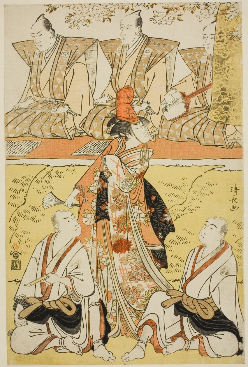 Skådespelarna Segawa Kikunojo III som Koito, Sawamura Sojuro III som munken Sainenbo och Ichikawa Monnosuke II som munken Renseibo, i shosan "Mata Saku Hana Museume Dojoji", som uppträdde på Nakamura-teatern den fjärde månaden, 1783 av Torii Kiyonaga