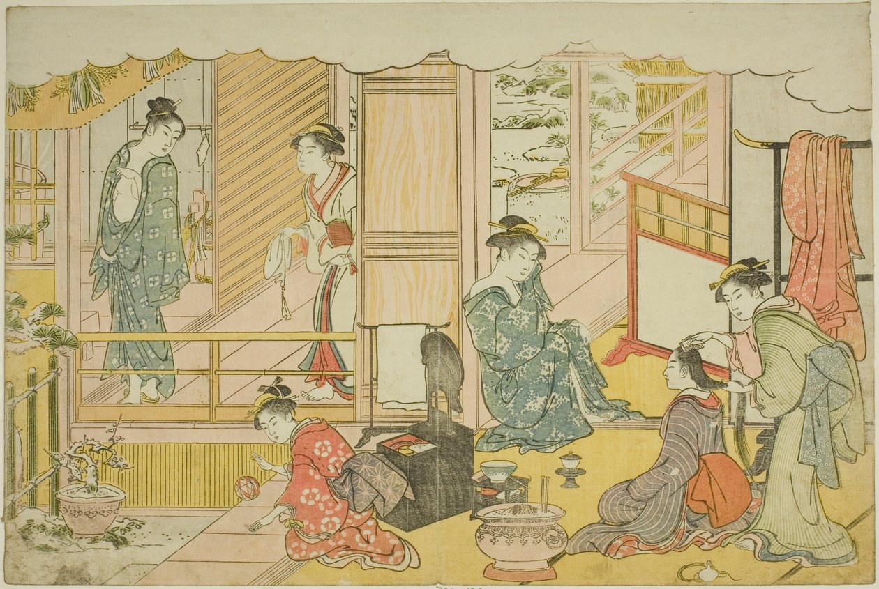 Det första badet på det nya året (Yudono hajime), från den illustrerade boken "Colors of the Triple Dawn (Saishiki mitsu no asa)" av Torii Kiyonaga