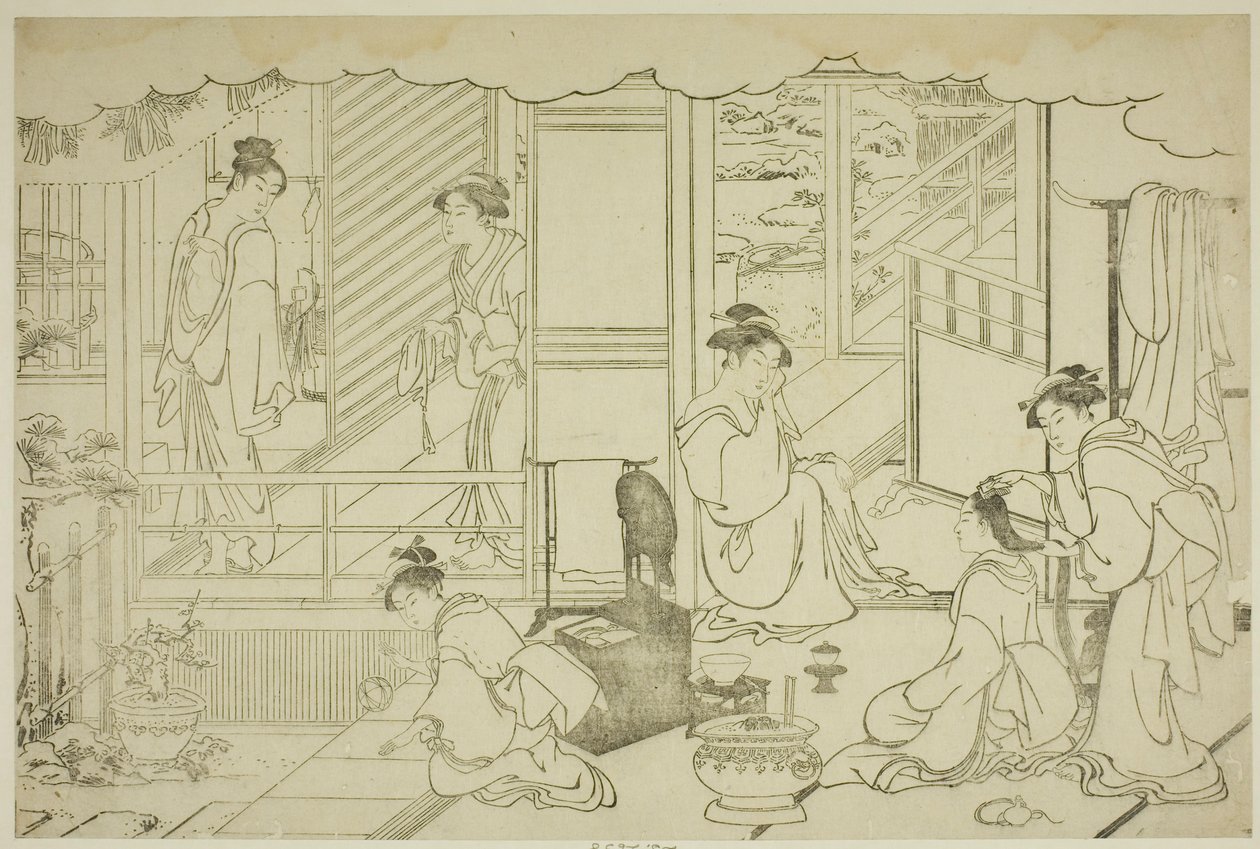 Det första badet på det nya året (Yudono hajime), från den illustrerade boken "Colors of the Triple Dawn (Saishiki mitsu no asa)" av Torii Kiyonaga