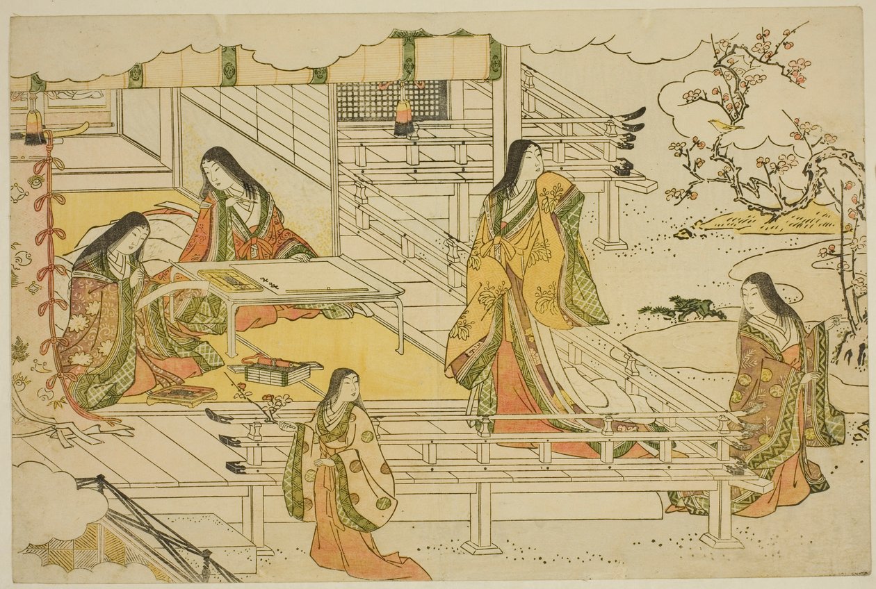 Nyårets första kalligrafi (Kissho hajime), från den illustrerade boken "Colors of the Triple Dawn (Saishiki mitsu no asa)" av Torii Kiyonaga