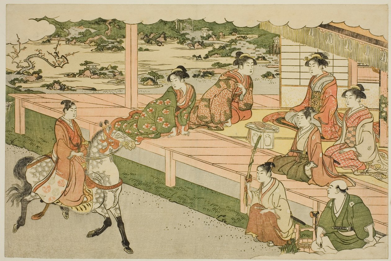 Nyårets första ridtur (Uma norizome), från den illustrerade boken "Colors of the Triple Dawn (Saishiki mitsu no asa)" av Torii Kiyonaga