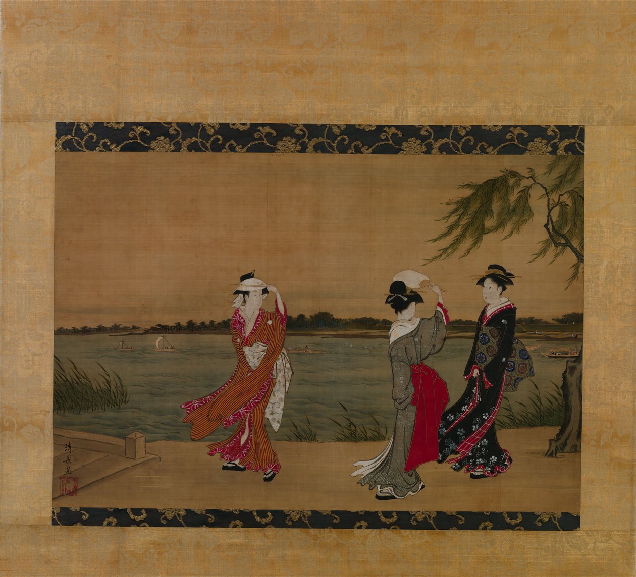 Tre flickor på en flodstrand, tidigt 1800-tal. av Torii Kiyonaga