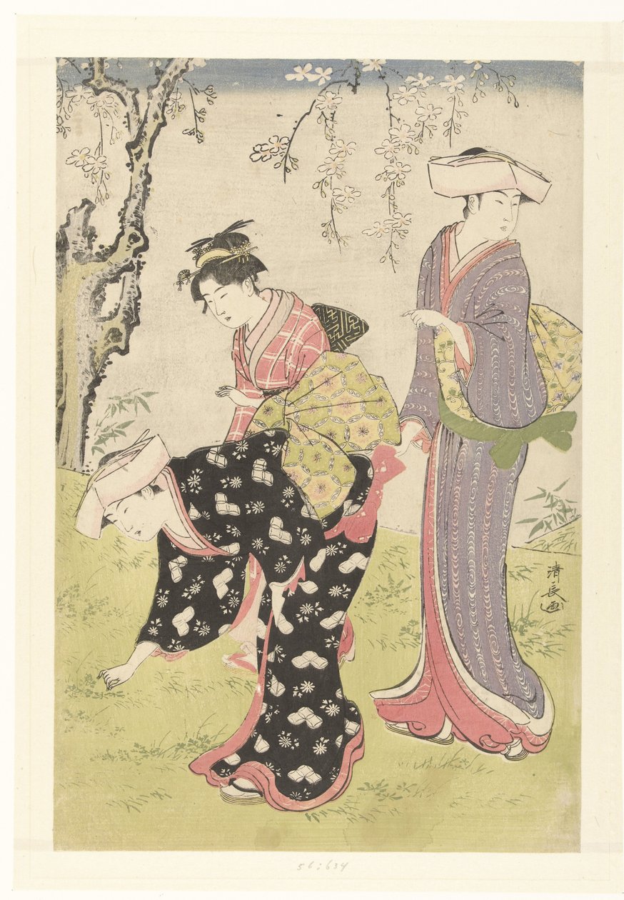 Två kvinnor och en flicka under ett blommande körsbärsträd Brokader med seder och seder i öst (serietitel) Fuzoku Azuma no Nishiki (serietitel) av Torii Kiyonaga