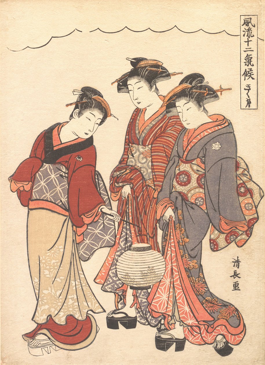 Två geishor som föregås av en piga som bär en lykta, ca. 1778. av Torii Kiyonaga