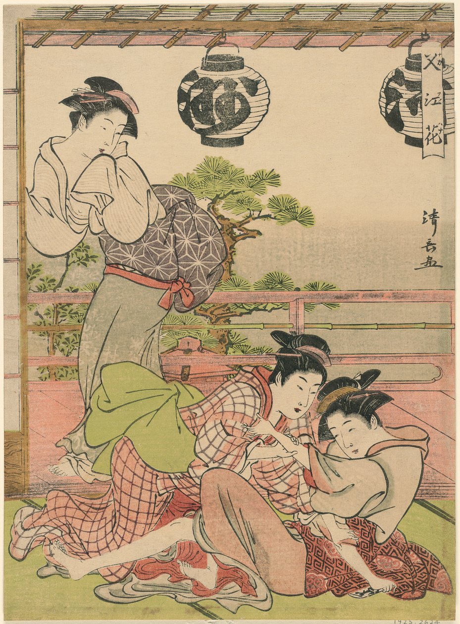 Two Geisha Struggling for a Letter (Fumi no arasoi), från serien "Flowers of Nakasu (Nakasu no hana)" av Torii Kiyonaga
