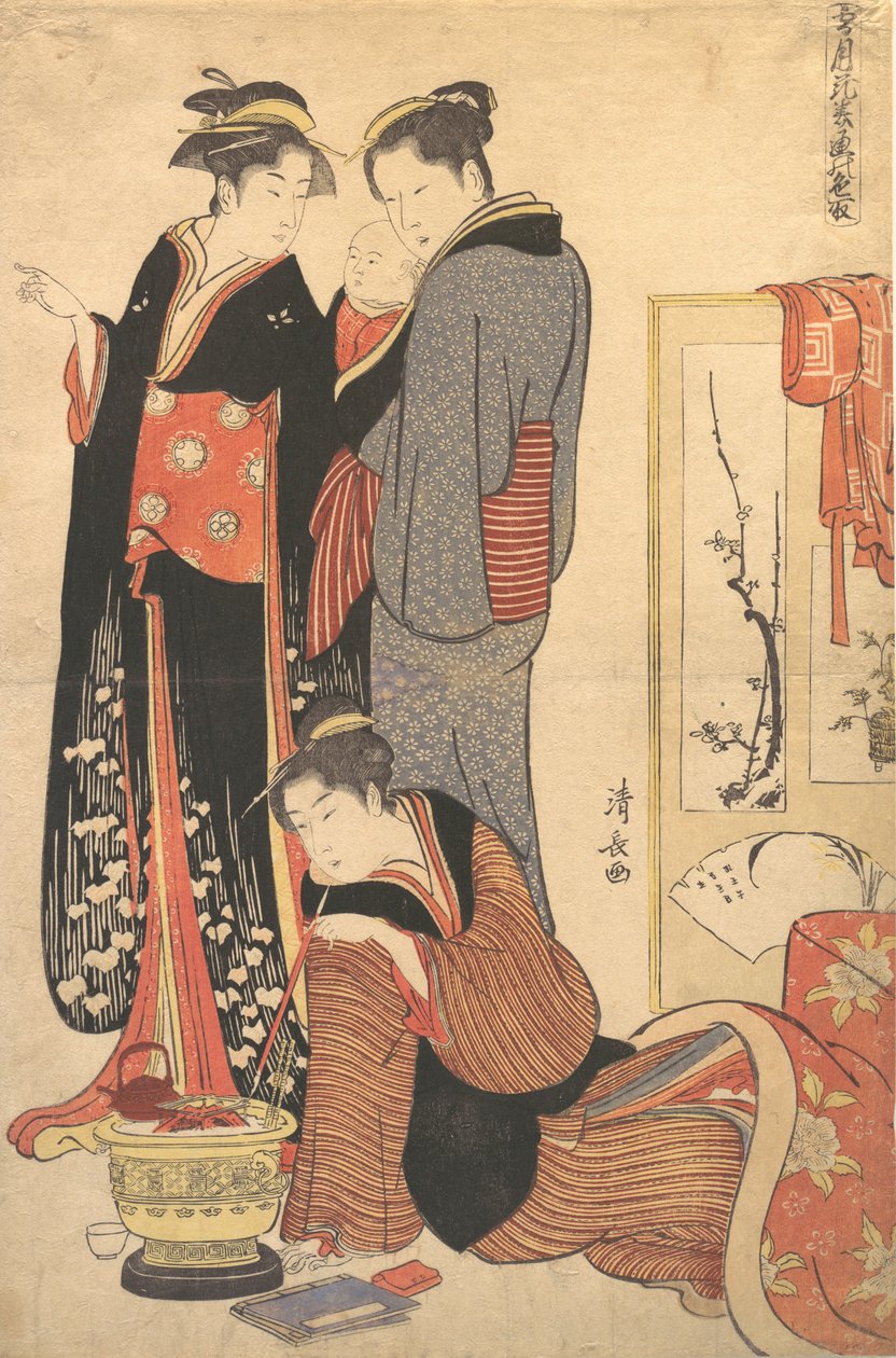 Två kvinnor som står och håller ett barn, ca. 1785. av Torii Kiyonaga