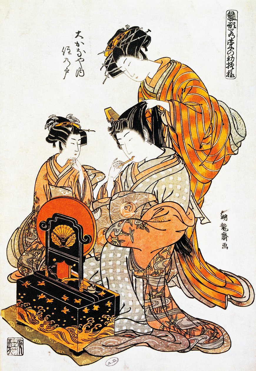 Kvinna framför spegeln medan hon har kammat håret, ukiyo-e konsttryck av Torii Kiyonaga (1751-1815), träsnitt, japansk civilisation, Edo-period av Torii Kiyonaga